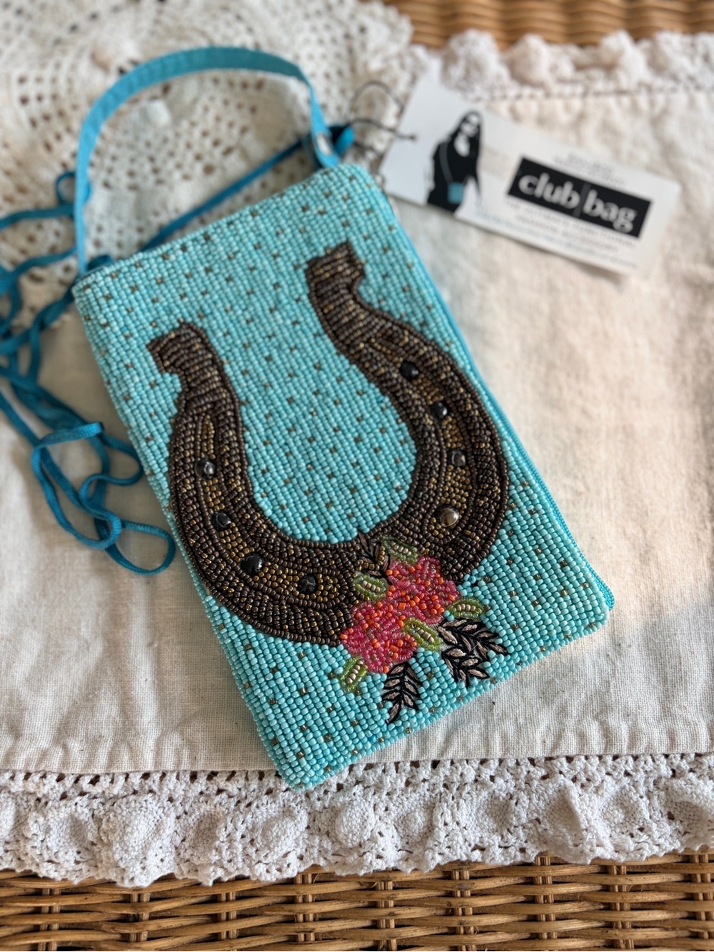 Beaded Club Bag Horseshoe Crossbody in Turquoise Bamboo Trading NWT
